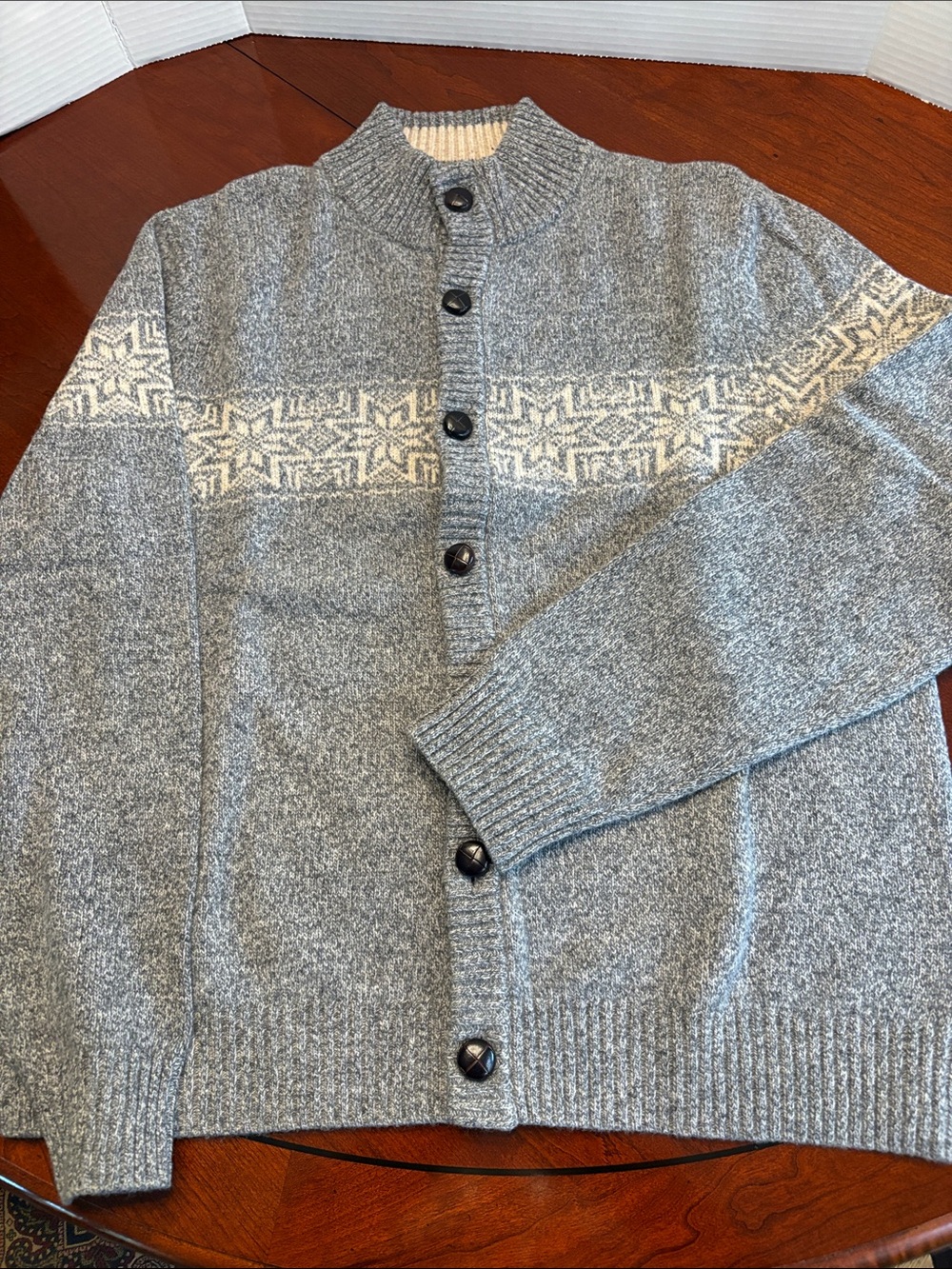 Brooks Brothers Gray Cardigan with Cream Nordic Stripe